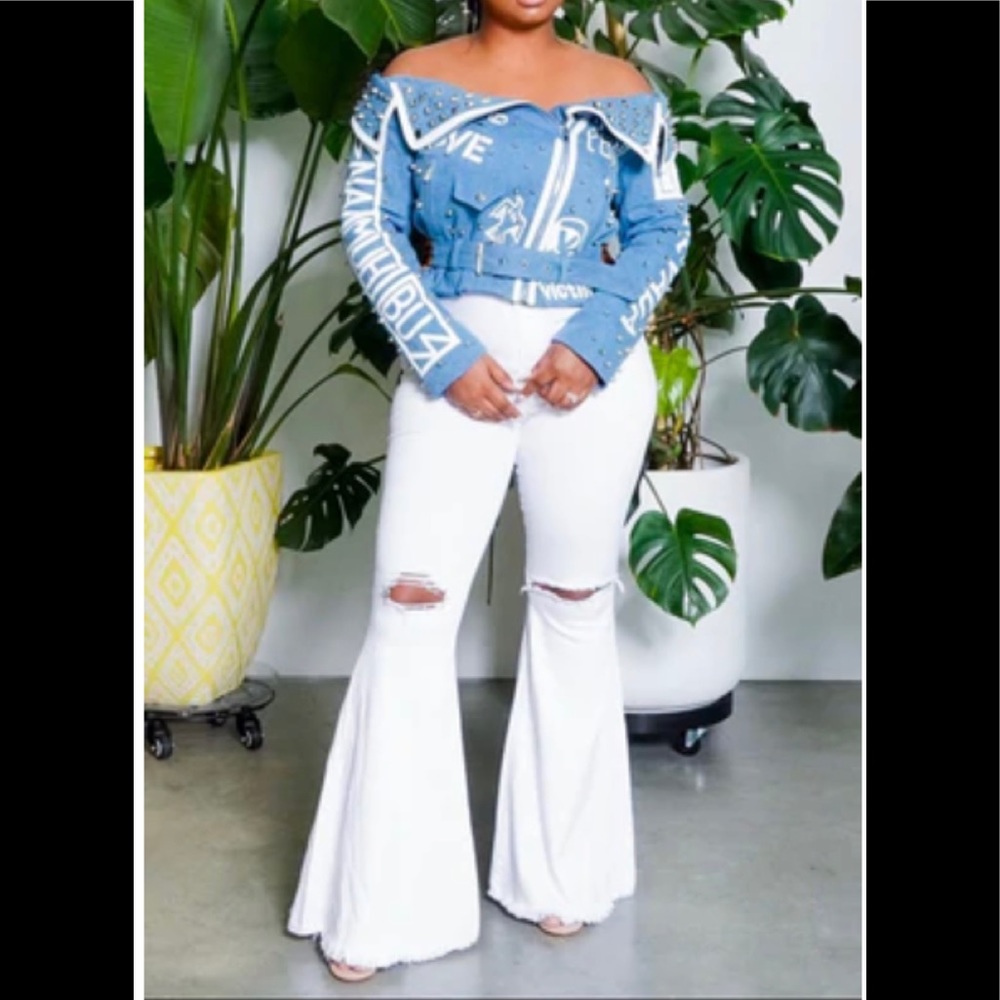 For Her NYC Belted Off-shoulder Studded Denim/Leopard Print Jacket Size 2X